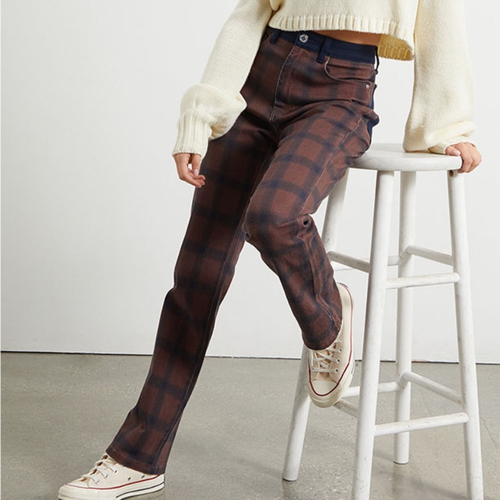 WeWoreWhat Danielle Bernstein Color Block Icon Jean Plaid Cacao Navy High Rise